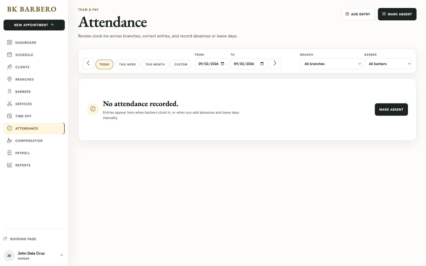 BK Barbero Attendance web workspace
