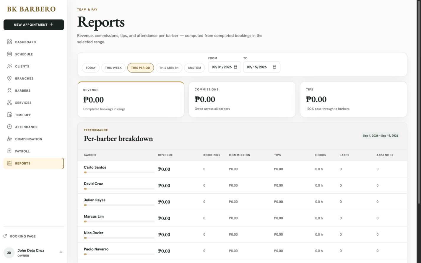BK Barbero Reports web workspace