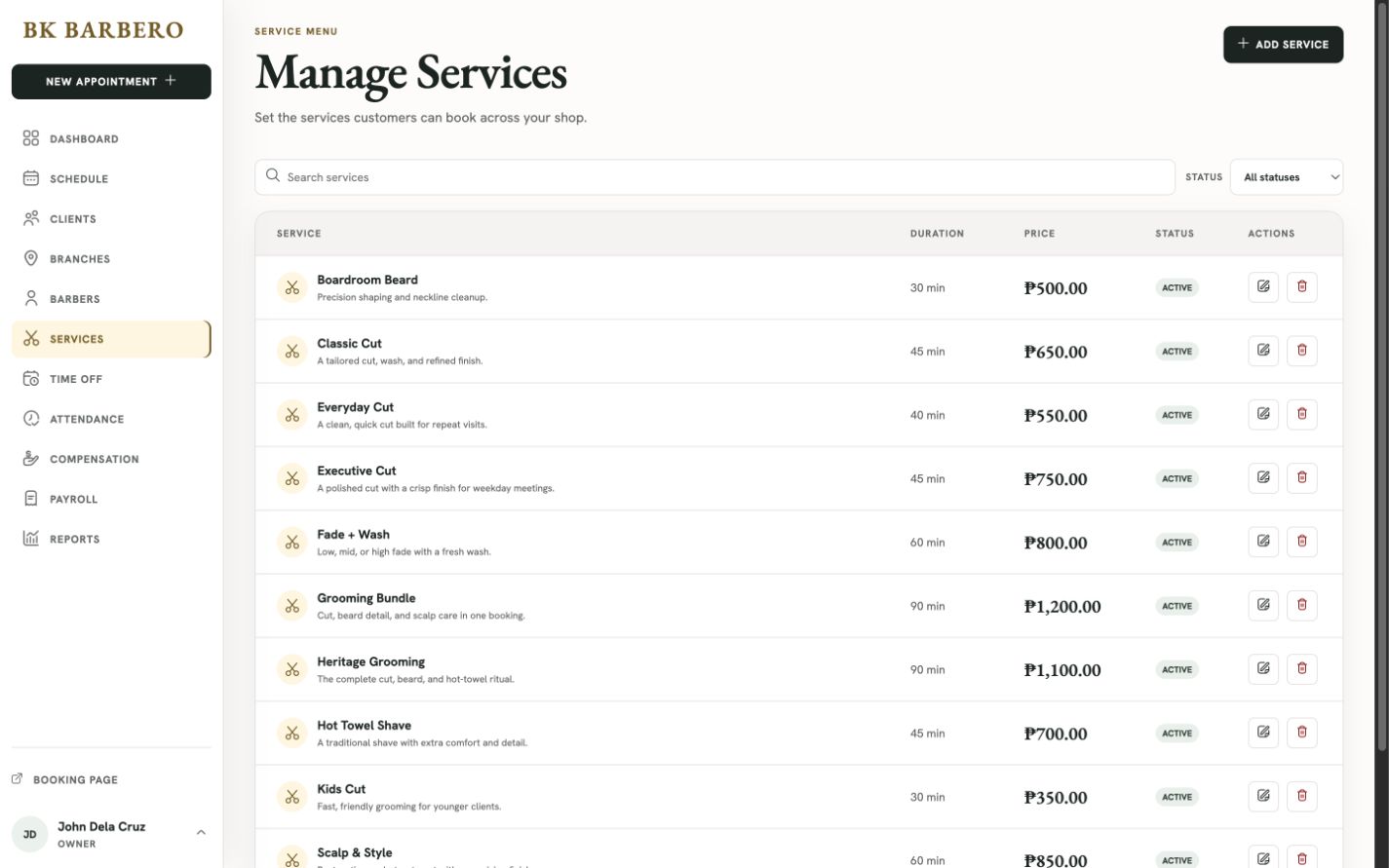 BK Barbero Services web workspace