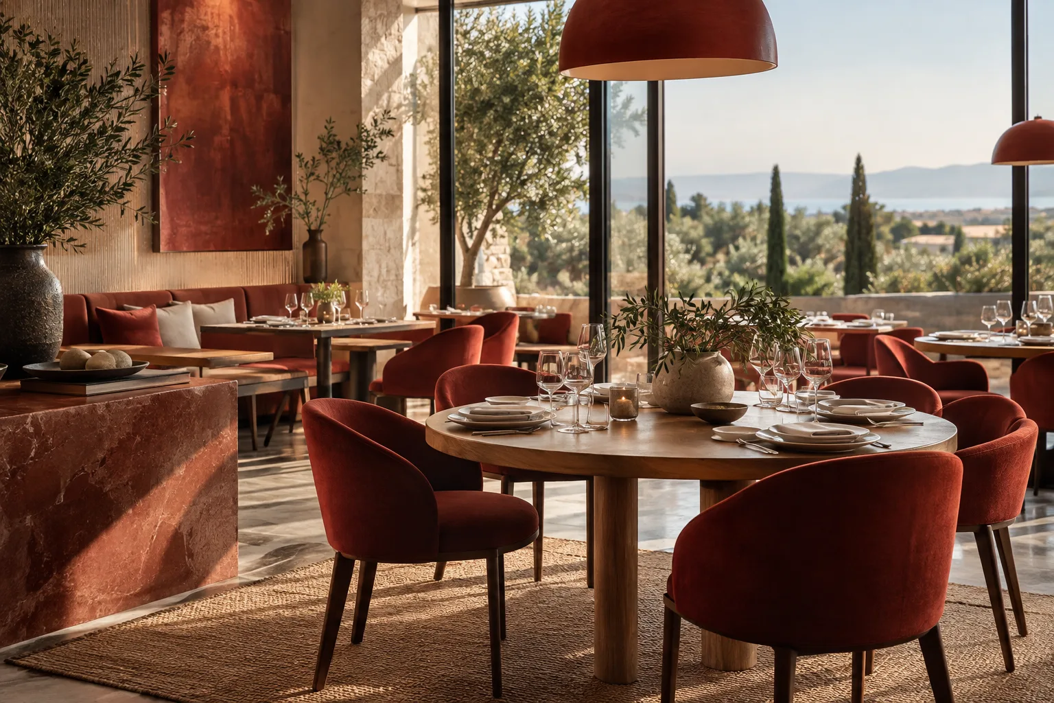 Illustrative warm modern dining room